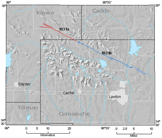 map showing location of Meers Fault in Lawton and Kiowa Counties