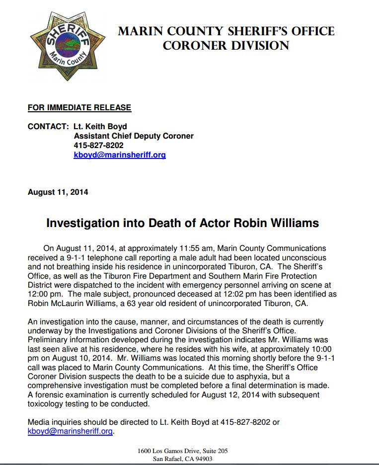 robin williams death notice