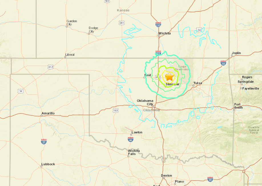 The epicenter was NW of Pawnee, OK